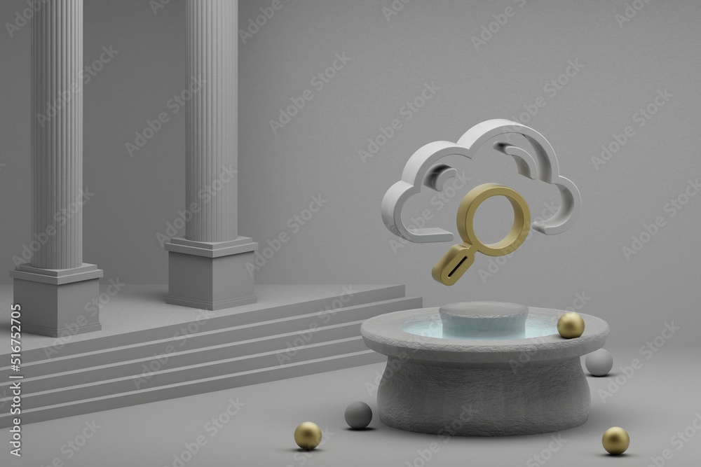 Aufkleber beautiful abstract illustrations cloud search symbol icon on a fountain and column background. 3d re