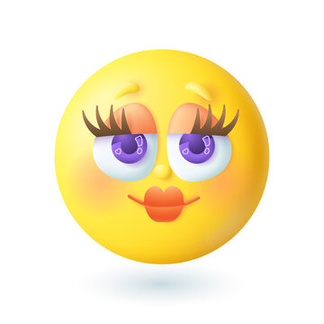 3d cartoon style pretty female emoticon icon. Cute yellow face with blush, big red lips, eyes and eyelashes flat vector illustration. Emotion, expression, beauty concept