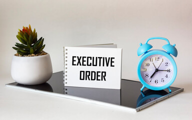 Writ of execution phrase written on notepad next to clock and cactus flower on white and black...