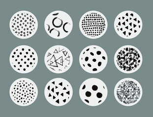 Set of round geometric black and white abstract backgrounds or patterns. Drawn doodle shapes. Spots, triangles, curves, lines. Modern fashion vector illustration. Posters, social media icon templates