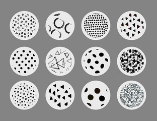 Set of round geometric black and white abstract backgrounds or patterns. Drawn doodle shapes. Spots, triangles, curves, lines. Modern fashion vector illustration. Posters, social media icon templates