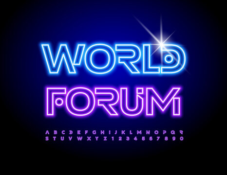 Vector colorful Emblem World Forum. Bright Glowing Font. Neon Alphabet Letters and Numbers set