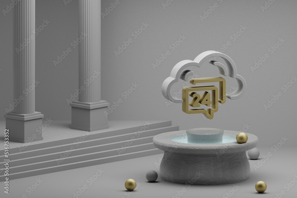 Poster Beautiful abstract illustrations Cloud Hosting Support symbol icon on a fountain and column background. 3d rendering illustration. Web Hosting.