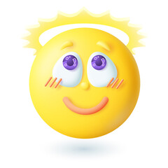 3d cartoon style cute emoticon with nimbus icon. Happy holy yellow face or angel with halo and blush smiling flat vector illustration. Emotion, expression, blessing concept