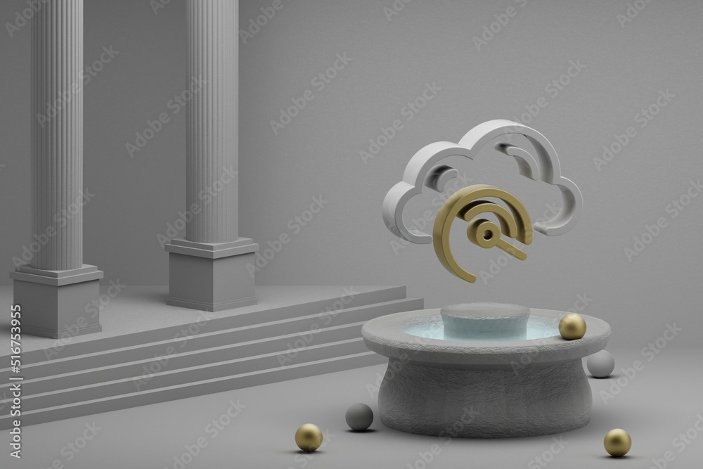 Poster Beautiful abstract illustrations Cloud Server Speed symbol icon on a fountain and column background. 3d rendering illustration. Web Hosting.