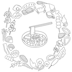 Hand drawn oriental style grilled food set collection in doodle art style on white background