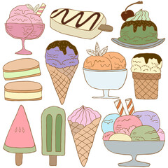Hand drawn collection of delicious ice cream set for summer concept