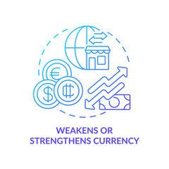 Weakens and strengthens currency blue gradient concept icon. Money value. Effect of inflation abstract idea thin line illustration. Isolated outline drawing. Myriad Pro-Bold font used