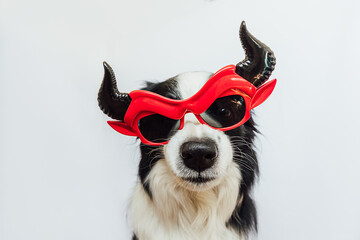 Trick or Treat concept. Funny puppy dog border collie dressed in halloween silly Satan devil eyeglasses costume scary and spooky isolated on white background. Preparation for Halloween party - obrazy, fototapety, plakaty