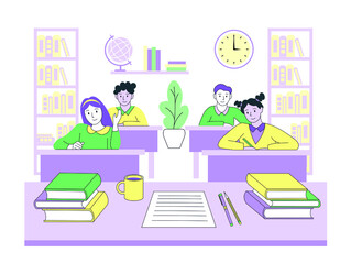 School kids at the lesson in the classroom. Happy cheerful pupils. Flat vector design. Education process.