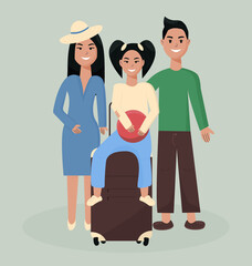 Happy family with kid going on vacation, journey by car vector illustration. Travel concept, people are waiting for a flight at the airport, transportation. Father, mother, daughter carry suitcases