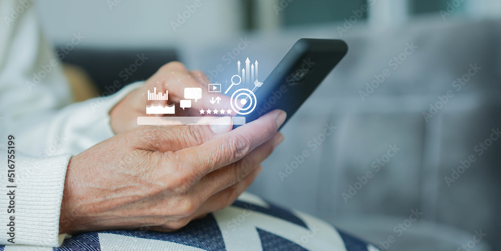 Canvas Prints senior woman hand hold smartphone to use search engine optimization (seo) tools for finding customer