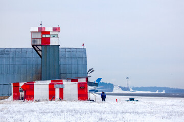 Part of aircraft hangar on the airport at winter