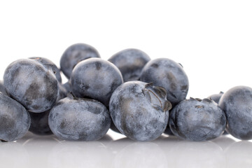 Several berries of organic ripe blueberries, close-up, on a white background.