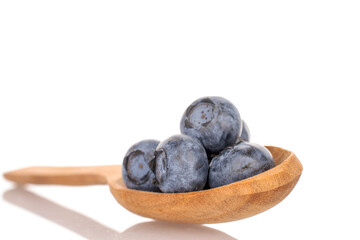 Ripe blueberries with a wooden spoon, close-up, on a white background.