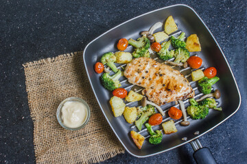 Grilled chicken breast steak with potatoes, cherry tomatoes, broccoli and sauce in pan ready to serve, top view.