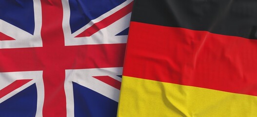 Flags of United Kingdom and Germany. Linen flags close-up. Flag made of canvas. German. Great Britain. UK flag. State national symbols. 3d illustration.