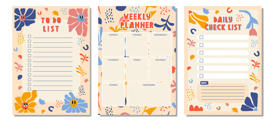 Daily check list planner, note paper, weekly planner, to do list decorated with cute cartoon doodle flowers and botanical illustrations. School scheduler and organizer. Flat vector - obrazy, fototapety, plakaty