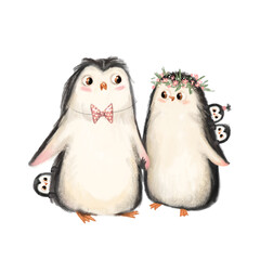 Naklejka premium Cute cartoon penguin family with lovely adorable little toddler kids with a couple wearing bow and floral flower rose wreath. Childish illustration fabric clipart isolated on white background.