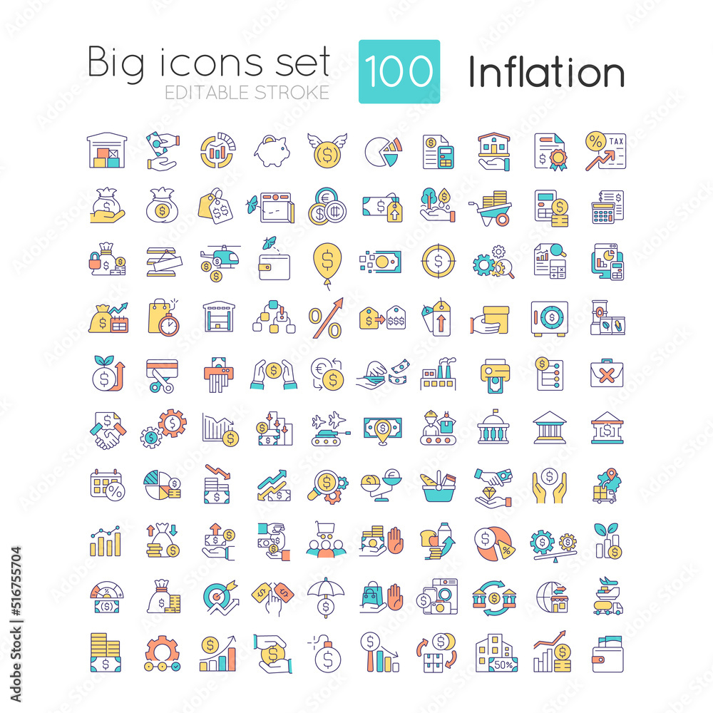 Wall mural Inflation RGB color icons set. Increasing prices. Currency value. Economic crisis. Isolated vector illustrations. Simple filled line drawings collection. Editable stroke. Quicksand-Light font used