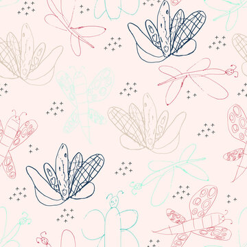 children's drawing butterflies fly in the meadow flowers vector seamless pattern