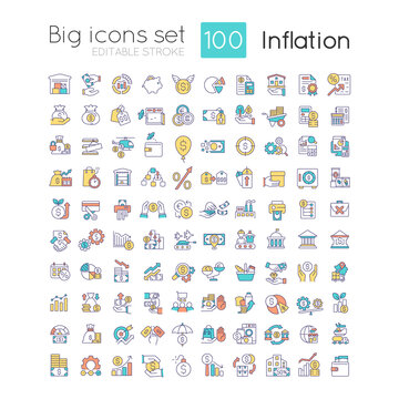 Inflation RGB color icons set. Increasing prices. Currency value. Economic crisis. Isolated vector illustrations. Simple filled line drawings collection. Editable stroke. Quicksand-Light font used