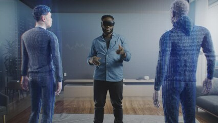 Future office business online collaboration: Business people connected to the Metaverse virtual space make a video meeting. The concept of the e-business of the future for remote work. - Powered by Adobe