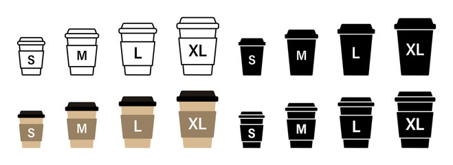 Paper coffee cup size collection. Small, medium and large take away drink set
