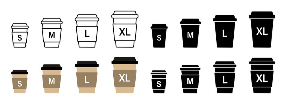 Paper coffee cup size collection. Small, medium and large take away drink  set Stock Vector
