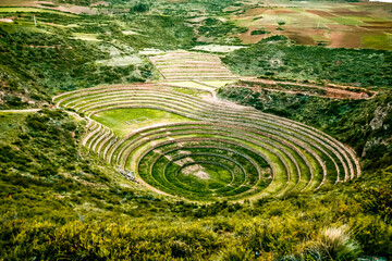 Agricultural terraces in Sacred Valley Moray in Peru. Soth America nature