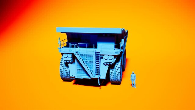 Simple blue dump truck on the orange background. Giant, industrial machinery