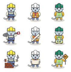 Vector illustration of Cat worker, builder, laborer cartoon. Cute Cat engineers workers, builders characters isolated cartoon illustration. Vector illustration on white background