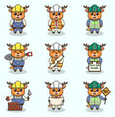 Obraz premium Vector illustration of Deer worker, builder, laborer cartoon. Cute Deer engineers workers, builders characters isolated cartoon illustration. Vector illustration on white background