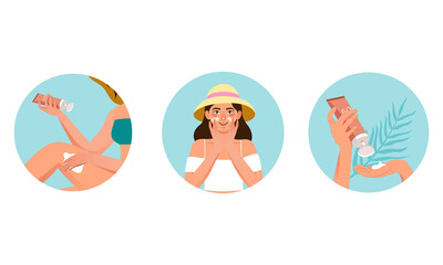 People applying sunscreen, face skin care routine, cartoon style character, trendy modern flat vector illustration.