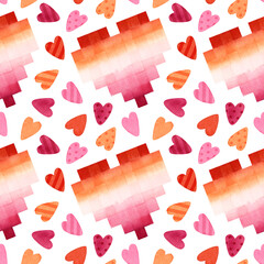 Lesbian pride seamless pattern. LGBT pride month art, rainbow hearts clipart. Watercolor illustrations on white background