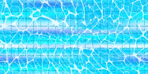 Top view swimming pool seamless pattern with sunlight glare reflect, waves and caustic ripples. Tiled bottom. Blue water surface texture. Vector background.