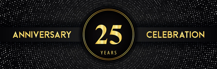 25 years anniversary celebration with circle frame and dotted line isolated on black background. Premium design for birthday party, graduation, weddings, ceremony, greetings card, anniversary logo.