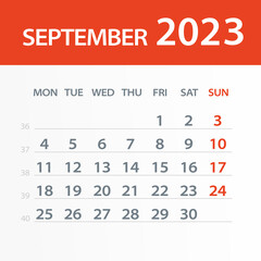 September 2023 Calendar Leaf - Vector Illustration. Week starts on Monday