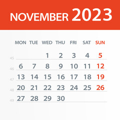 November 2023 Calendar Leaf - Vector Illustration. Week starts on Monday