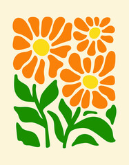 Abstract botanical poster with various blossom groovy flowers on a beige background. Naive art decor. Trendy hand drawn vector illustration