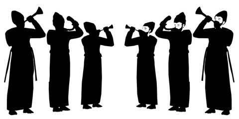 Six Jewish priests dressed in traditional clothing. Standing and blowing the shofar from a ram's horn and silver trumpets.
Vector drawing. Black silhouettes.
Isolated characters.