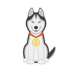 Cute cartoon champion dog with gold medal on the neck. Husky happy dog with golden winner medal. Vector illustration in cartoon flat style. Isolated on white background. Vector AI + 10 EPS
