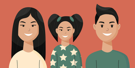 Fototapeta premium Happy family with kid flat vector illustration. Brunette father, mother, daughter smiling. Prosperous family concept, relationships, healthy family close-up portrait