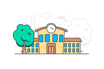 Fototapeta na wymiar School Education concept in flat outline design. Vector illustration with colorful line web scene with school building facade on street cityscape. Pupils study at lessons. Students at university