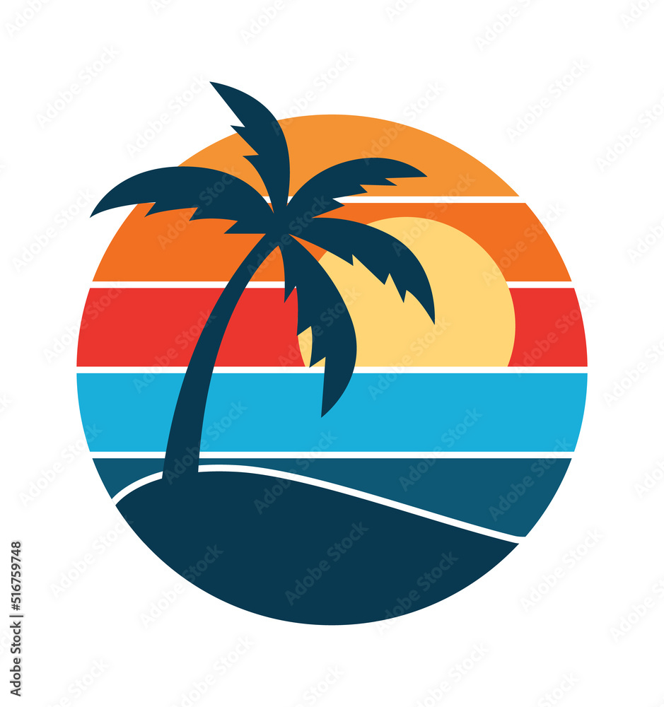 Wall mural Palms beach round retro badge. Vector illustration - Wall murals