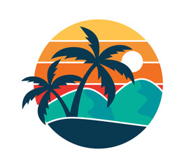 Palms beach round retro badge. Vector illustration