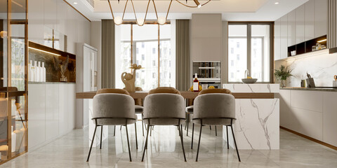 3d render of luxury house living room, dining room
