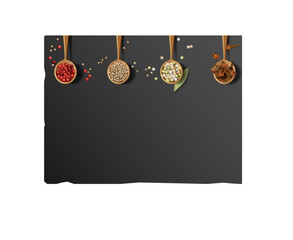 blackstone texture with a composition of wooden spoons. multi colored black, red and white pepper, coriander and sesame seeds, bay and coriander leaves, cloves. Vector realistic drawing