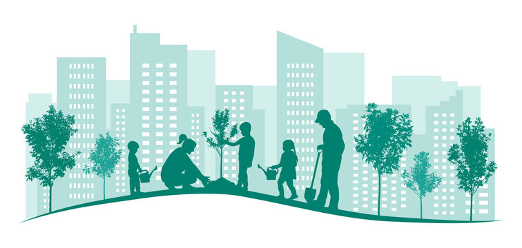 Green city. Planting trees by large family in yard, park. Landscaping of town. Vector illustration