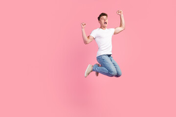 Full length photo of crazy guy jump high supporting football team match goal isolated pastel color background